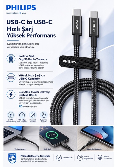 Philips DLC7060C/00 USB-C to USB-C Şarj ve Veri Kablosu 2 m, 240W PD 3.1, 5A, Örgülü, USB 2.0