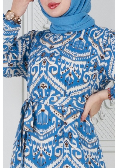 Sevitli Motif Desen Beli Kuşaklı Viskon Elbise-mavi-3839-mavi Mavi