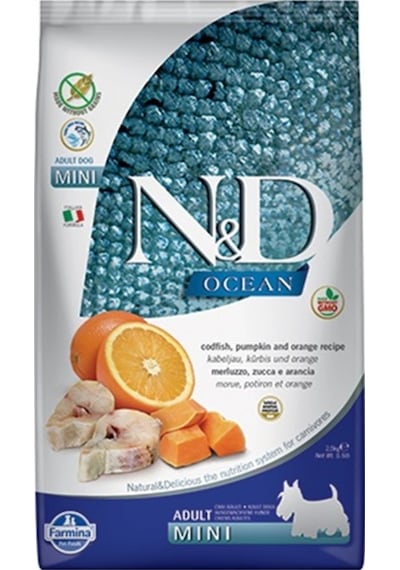 N&D Ocean Bal Kabaklı Morina Balıklı ve Portakallı Tahılsız Küçük Irk Yetişkin Köpek Maması 2.5 KG