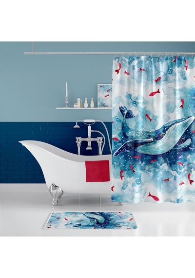 Banyo Paspas Ve Tek Kanat Duş Perdesi 1x180x200 Set Banyo Halısı Whale