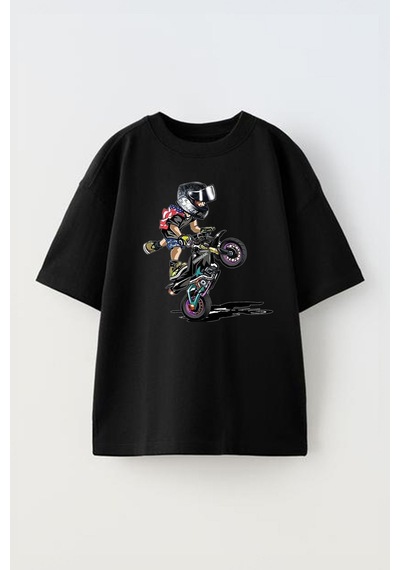 Thewert Unisex Ayakta On Kaldıran Motorcu Tasarım Baskılı Pamuk Sıyah Oversize T-shirt Siyah Thewert Unisex Ayakta On Kaldıran Motorcu Tasarım Baskılı Pamuk Sıyah Oversize T-shirt Siyah