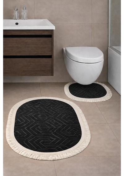 Kaymaz Tabanlı 2 Li Banyo Paspas Seti Yıkanabilir, Su Emici, Toz & Leke Tutmaz Oval Klozet Takımı Kahverengi Mermer