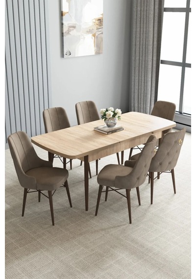 Zümra Serisi, Meşe Desen 80x132 Açılabilir Mdf Mutfak Masası Takımı 6 Adet Sandalye, Cappucino Zümra Serisi, Meşe Desen 80x132 Açılabilir Mdf Mutfak Masası Takımı 6 Adet Sandalye, Cappucino