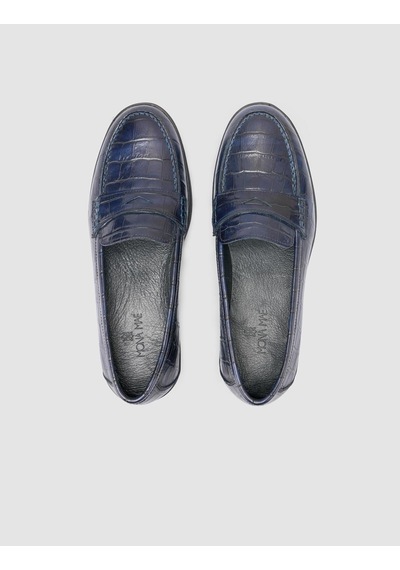 %100 Hakiki Deri Lacivert Croco Desen Kadın Loafer Lacivert