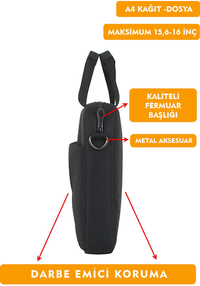 15,6"-16" İnç Laptop Evrak Çantası Tablet A4 Kağıt Ve Dosya Uyumlu Darbe Emici Koruma Omuz Askılı Siyah