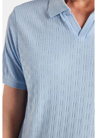 Tudors Erkek Slim Fit Dar Kesim Viskon Kumaş Desenli Düz Pike Düğmesiz Açık Mavi Polo Yaka Tişört-34764 Açik Mavi