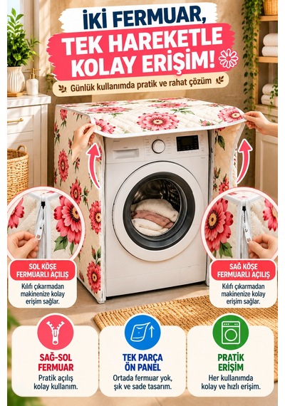 Çiçek Desenli Çamaşır Makinesi Örtüsü Kapitone Fermuarlı Koruyucu Kılıf 63x58x84 Cm Pembe Beyaz Renk