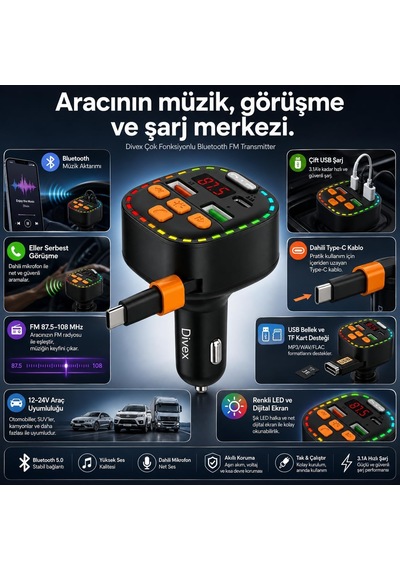 Bluetooth 5.3 Fm Transmitter, Dahili Type-c Kablolu Çift Usb 3.1a Araç Şarjı, Eller Serbest Görüşme, Mp3/wma/flac Ve Tf Kart Destekli 12-24v Led Ekranlı