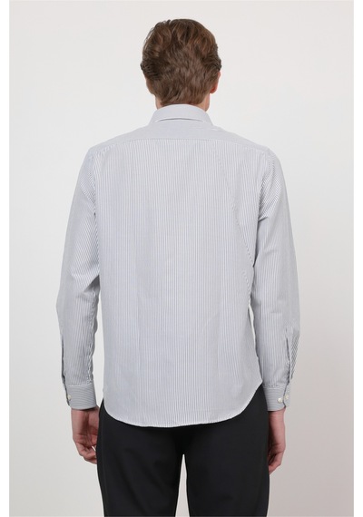 İmza Beyaz - Siyah Sert Yaka Uzun Kol Cepsiz Slim Fit Pamuklu Gömlek 1004260214