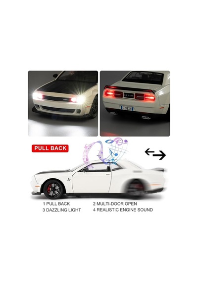 Dodge Challenger Srt Hellcat 1:24 Diecast Metal Araba Koleksiyon Sesli Işıklı Beyaz