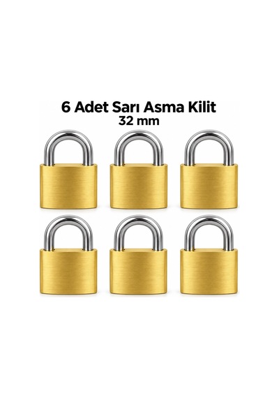 6 Adet 32 Mm Sarı Asma Kilit Seti Anahtarlı