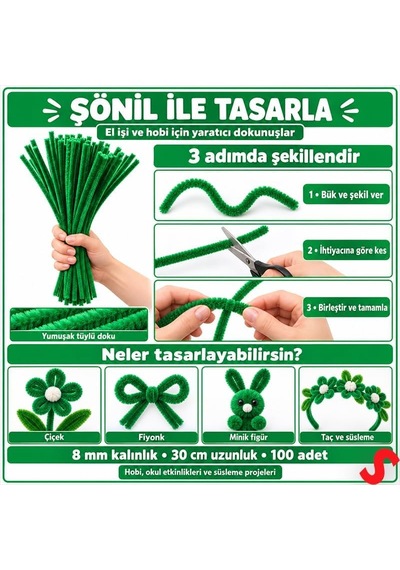 Şönil Çubuk 8 Mm Kalınlık 30 Cm Uzunluk, 100 Adet - Yeşil