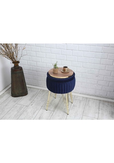 Bianco Metal Ayaklı Sehpalı Puf Altın Koyu Mavi Gold Dark Blue