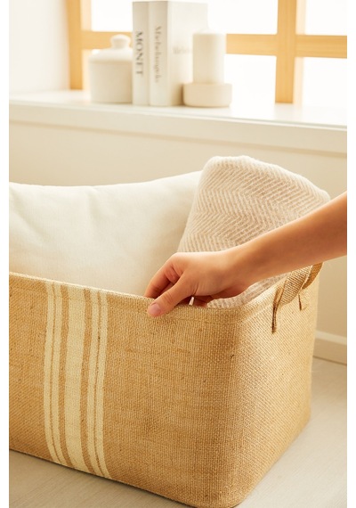 Ocean Home Textile Çizgili Jüt Sepet 42 x 31 x 25 cm