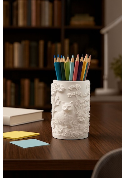 Kabartma Desenli Kedi Figürlü Dekoratif Organizer / Kalemlik / Fırçalık / Mini Saksılık