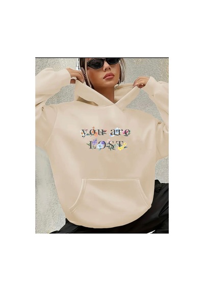 Herkesemoda You Are Lost Yazı Detaylı Kapüşonlu Sweatshirt Bej