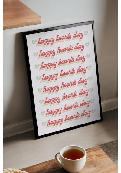 Happy Hearts Day Ahşap Çerçeveli Poster, Dekoratif Pozitif Duvar Tablosu