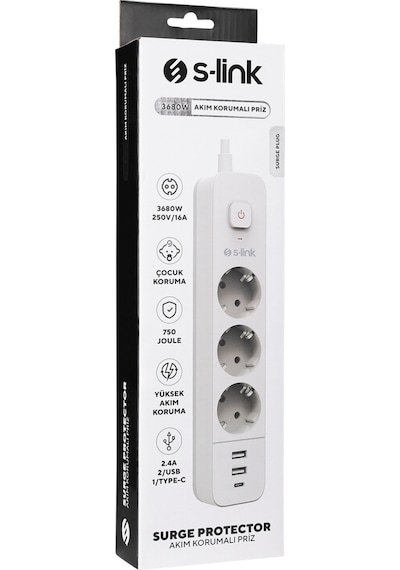 S-Link SPG03TC 1.5mt Akım Korumalı 3'lü Grup Priz 2 Usb +1 Type C Girişli