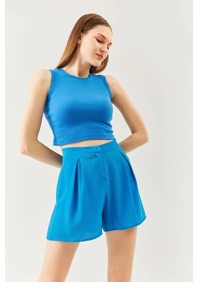 Butikgiz Kadın Sıfır Kol Bisiklet Yaka Vücuda Oturan %100 Pamuklu Kaşkorse Esnek Crop Bluz Parlament/indigo
