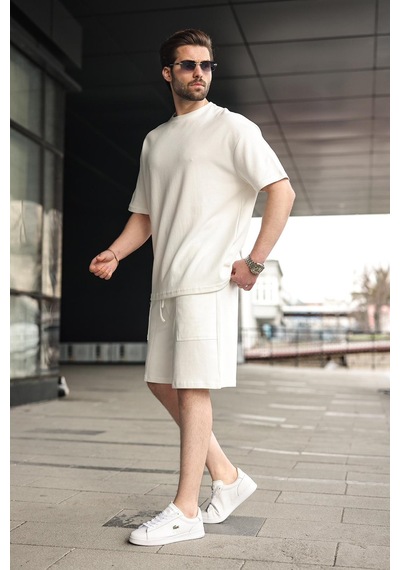 Madmext Ekru Bisiklet Yaka Oversize Erkek Şort T-shirt Takım E7355 Ekru