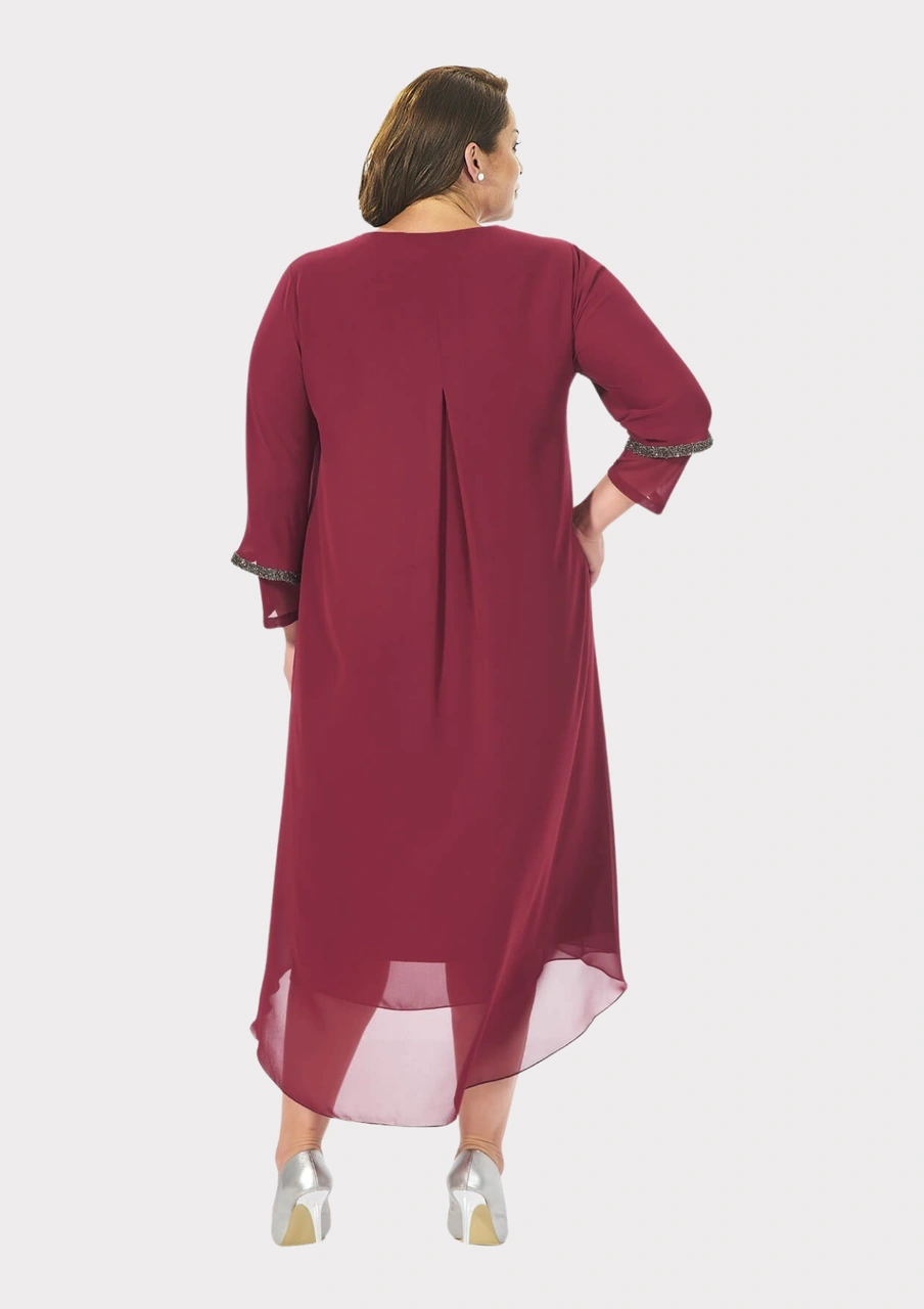 Lilas Xxl Büyük Beden Bordo Renkli Taş Baskılı Kısa Abiye Elbise Bordo
