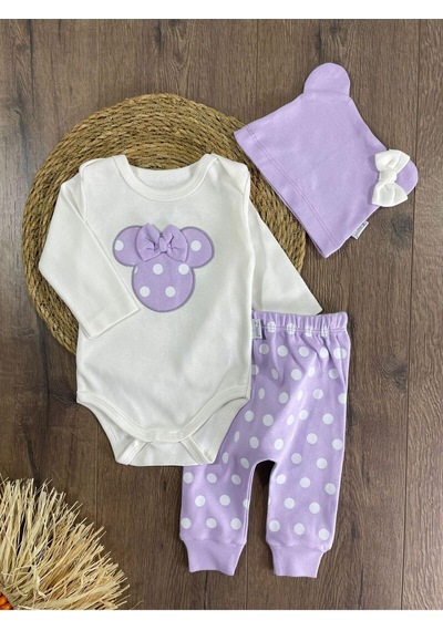 Bebicix Puantiyeli Fiyonklu Bereli Alttan Çıtçıtlı Kız Bebek Takım Mor