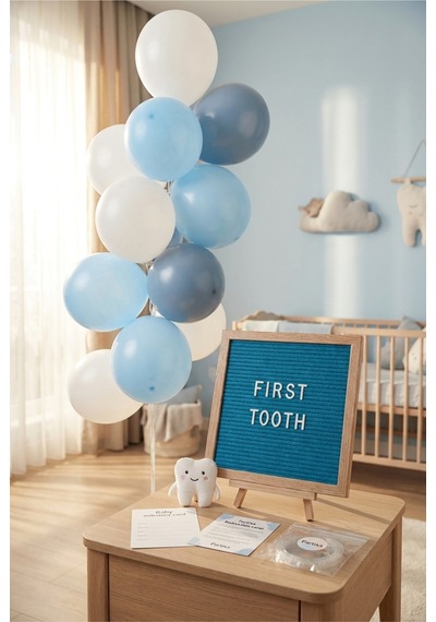 Diş Buğdayı Erkek Bebek Süsleme Mini Set Mavi Keçe Yazı Panosu Standlı Balon Zincirli İlk Dişim Parti Malzemeleri Tüm Yaşlar