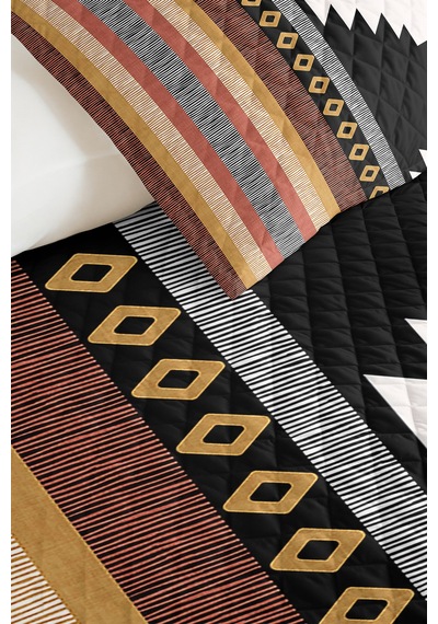Etnik Geometrik Siyah Tek Kişilik Pike Takımı - Bohem Hardal Kiremit 160x220 Cm Yatak Örtüsü Kırık Amber Pususu