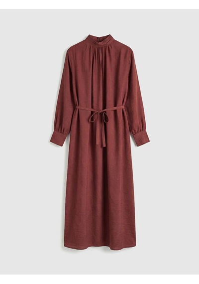 Lc Waikiki Kahverengi Dik Yaka Kuşaklı Oversize Büzgülü Elbise