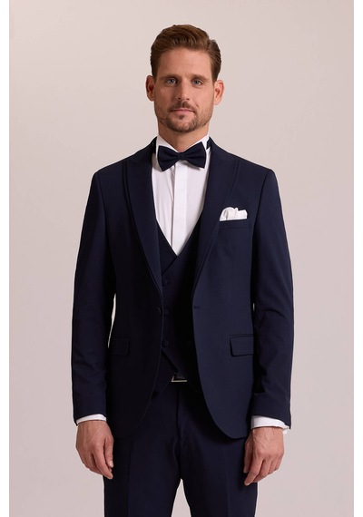 Ysf Erkek Lacivert Slim Fit Likralı Sivri Yaka Yelekli Damatlık