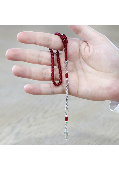 Tesbihname Kararmaz Metal Arnavut Püsküllü Kapsül Kesim Kırmızı Siyah Mini Boy Ateş Kehribar Tesbih Çok Renkli