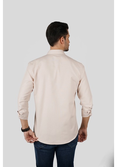 Bej Yaka Düğmeli Premium Şamre Slimfit Erkek Gömlek Bej