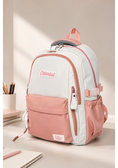 Colorful Urban Sırt Çantası Pudra Pembe - Laptop Bölmeli Okul Çantası İlkokul - Ortaokul - Lise Pudra Pembe