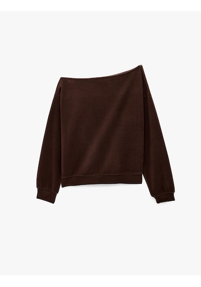 Koton Uzun Kollu Zımba Detaylı Asimetrik Kayık Yaka Omzu Açık Sweatshirt Kahverengi 7wak10064ek Kahve