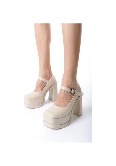 Kadın Krem Cilt Tek Baretli 12 Cm Platform Topuklu Ayakkabı Krem