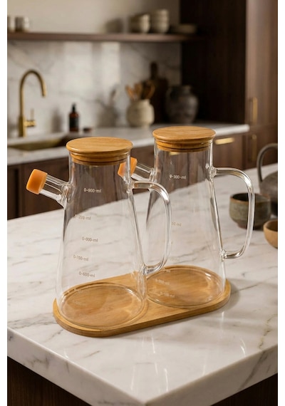 Makri Home 2'li 900 Ml Bambu Kapaklı Ve Altlıklı Borosilikat Cam Yağlık/sirkelik/sosluk Şeffaf