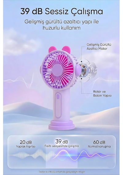 Şarjlı Taşınabilir Sevimli Kulak Tasarımlı Mini Fan 3 Kademeli Hız Telefon Standlı Vantilatör Mor