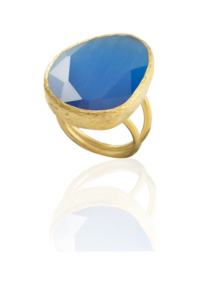 Kadir Jewellery 22 Ayar Altın Kaplama Kadın Fosil Taşlı Yüzük Koyu Mavi