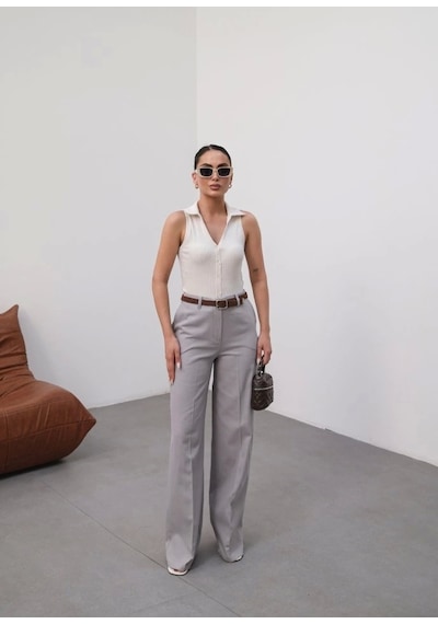 Defymoda Keten Kemerli Ve Dökümlü Palazzo Pantolon Kemer Dahi L Gri