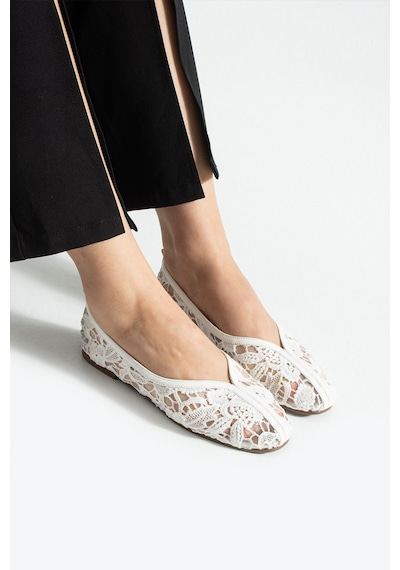 Dabab Shoes Florıa Dantel Kadın Beyaz Düz Babet Dantel Dokuma Çiçek Desenli Zarif Günlük Ayakkabı