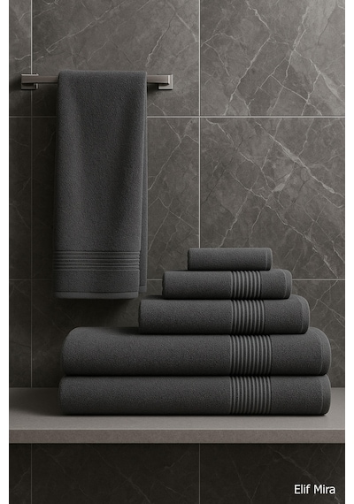 6 Parça Banyo Havlusu Seti Pamuklu 70x140 Cm Serenio Antrasit-Antrasit