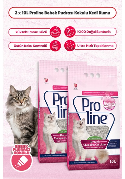 Proline Bebek Pudrası Kokulu Ince Tane Topaklanan Kedi Kumu 10 Lt X 2 Adet