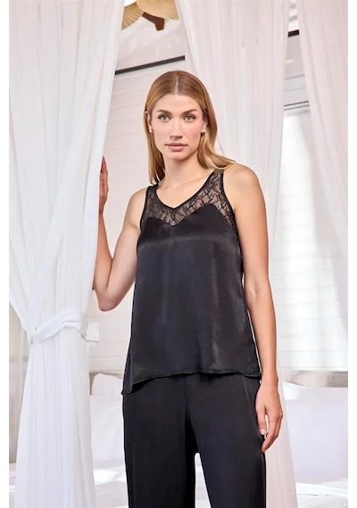 Ang Butik Kadın Viskon Dantelli Ve Dekolteli Saten Pijama Takımı Siyah