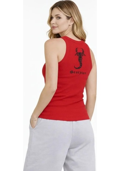 Efnaz Style Fitilli Atlet Sıfır Yaka Slim Fit Arka Baskılı Spor Atlet - Kırmızı Kirmizi