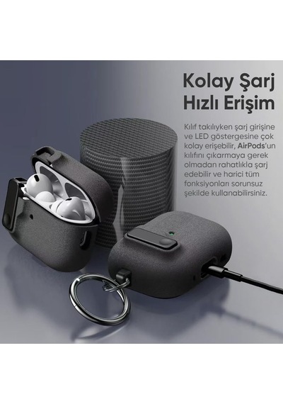 Airpods Pro 3 İle Uyumlu Fabric Serisi Özel Kilitli Tasarım Ve Kumaş Yüzeyli Kılıf Darbelere Karşı Koruyucu Kapak Gri, Airpods Pro 3 2025