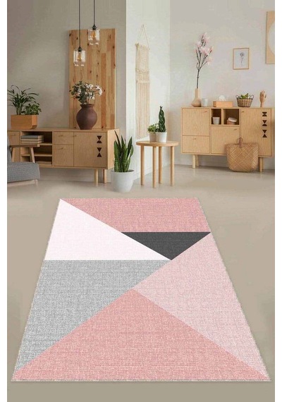 Pembe Kaymaz Tabanlı Geometrik Desenli Mutfak Halısı Ar1322n11