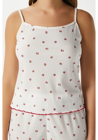 Ritnice Kadın June Askılı Kiraz Desenli Alt Üst Pijama Takımı Ekrukırmızı