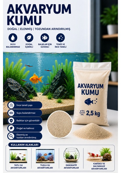 Doğal Akvaryum Kumu Açık Bej 2,5 Kg İnce Taneli Elenmiş Tozdan Arındırılmış Fırında Kurutulmuş