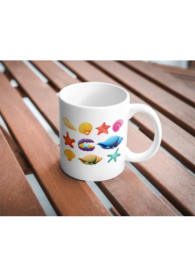 Denizkabuğu Baskılı Kupa Bardak Hediyelik Çay Kahve Kupası Coffee Mug Beyaz - Çok Renkli