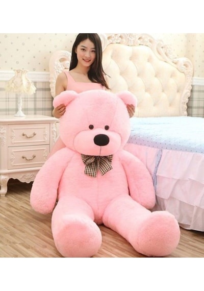 Sole Yeni Yıla Özel:elinde Baskılı Kalbi İle Papyonlu Peluş Ayı-140 Cm Pembe